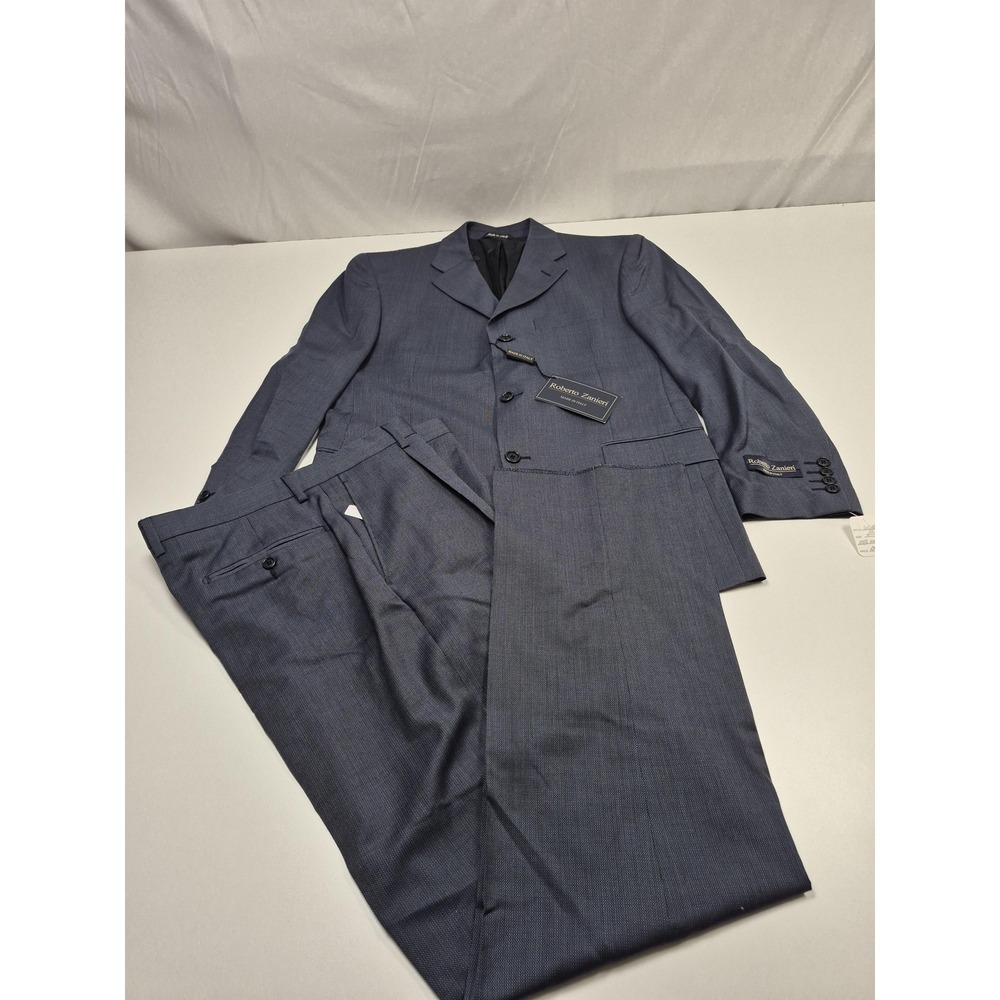 Roberto Zanieri Suit Mens 40 Short Blue Wool Solid 2 Piece 34x36 Italy Pleated
